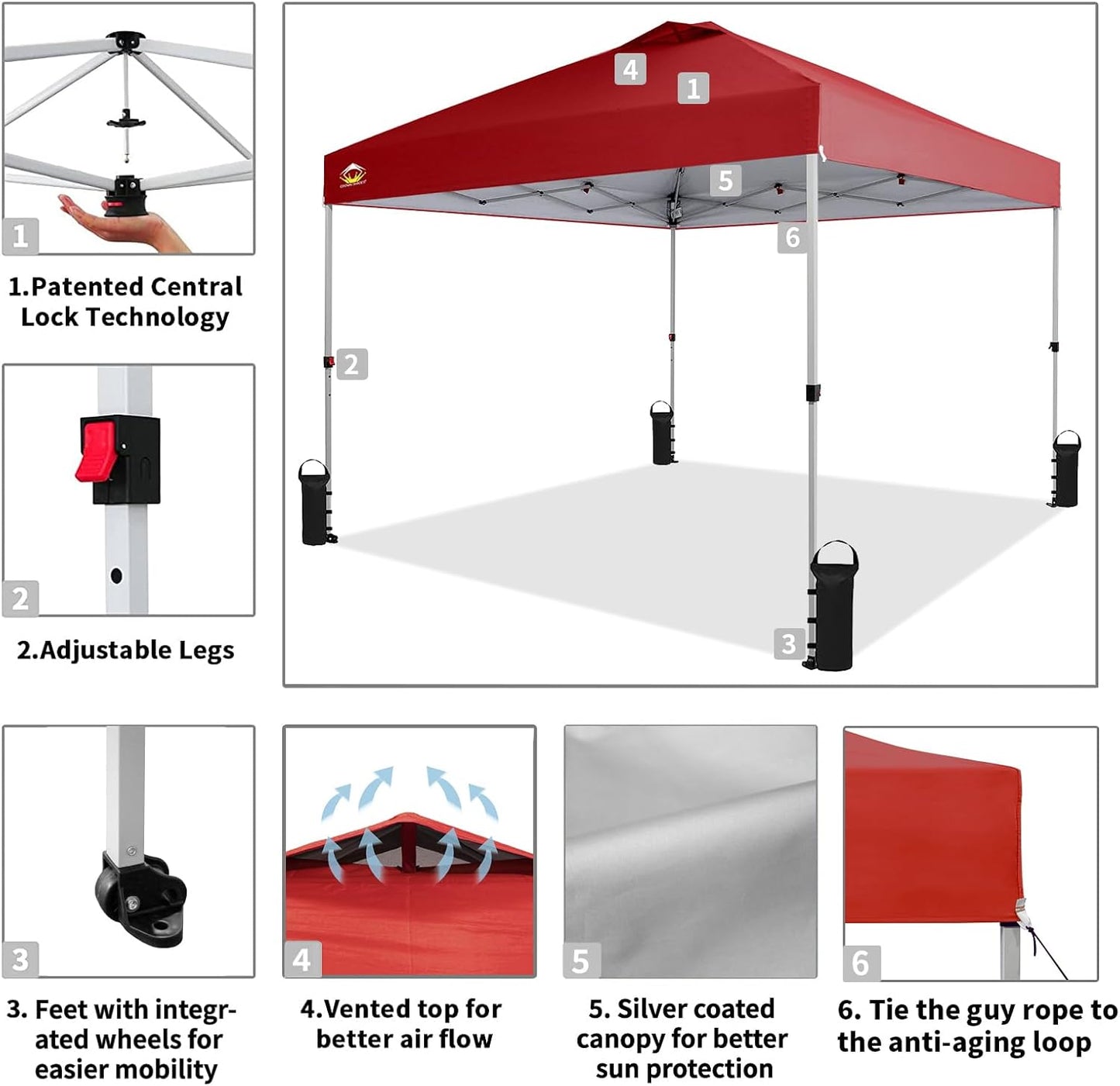 CROWN SHADES 10x10 Pop Up Canopy - Beach Tent with One Push Setup - Easy Outdoor Sun Shade for Events, Parties, Camping - Gazebo with STO-N-Go Cover Bag, Silver Coated Top, Red