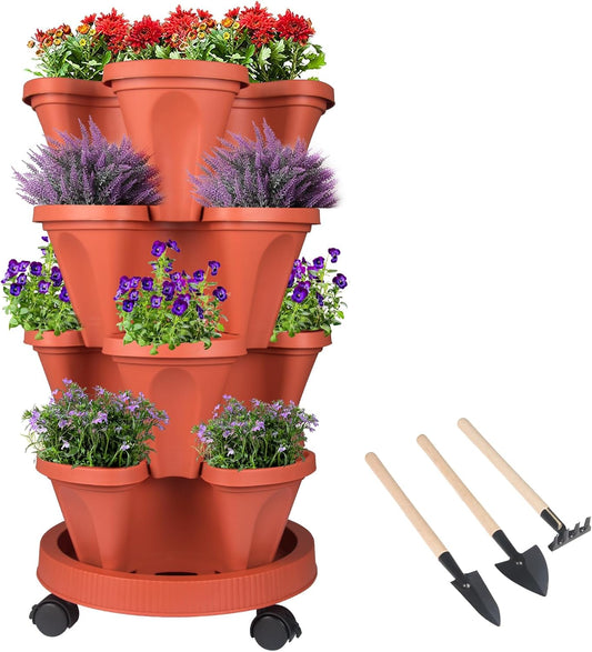 Vertical Planter 4 Tier Stackable Planters Garden Planters Strawberry Herb Flower and Vegetable Planter Indoor Outdoor Gardening Pots with Removable Wheels and Tools