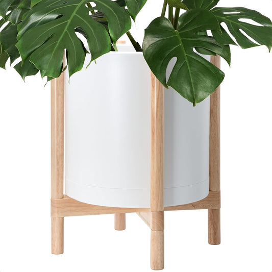 D'vine Dev Planter Pot with Stand - 16 Inch Plastic Cylinder Flower Pot with Wood Planter Holder for Indoor, Matte White Pot + Natural Stand, 55-C-Y-1