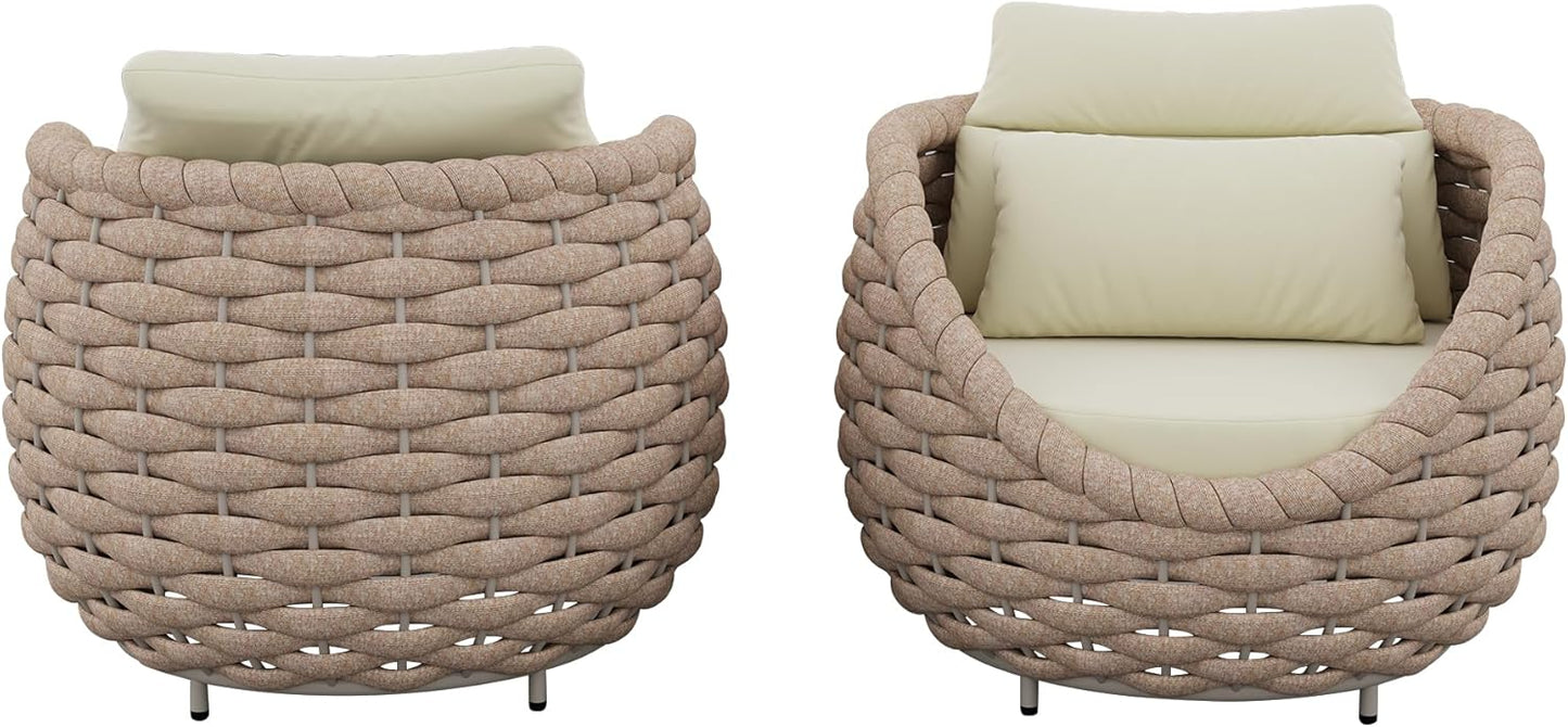 TWT 2 Pieces Patio Furniture Aluminum Armchair, All-Weather Outdoor Single Sofa with Teslin Rope Metal Chair with Light Yellow Cushions, Light Brown