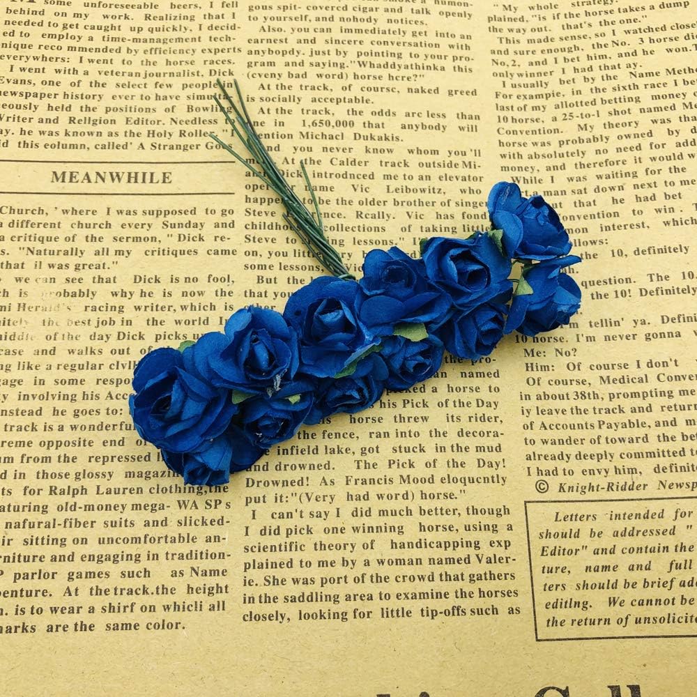 Mini Fake Rose Flower Heads 144pcs Mini Artificial Mulberry Paper Roses Flower with Wire Stem DIY Wedding Flowers Accessories Make Bridal Hair Clips Headbands Dress (Navy Blue)