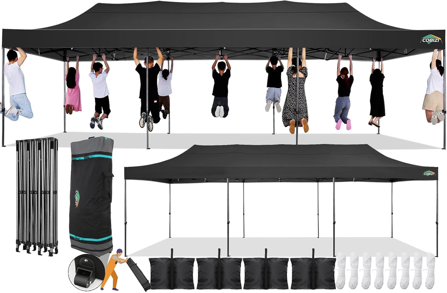 COBIZI 10x30 Pop Up Canopy Without Sidewall,Heavy Duty Canopy UPF 50+ All Season Wind Waterproof Commercial Outdoor Wedding Party Tents for Parties Gazebo with Roller Bag(10 x 30 ft Black)