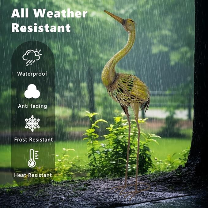 VEWOGARDEN Heron Outdoor Statues Metal Crane Garden Sculptures & Statues for Yard Lawn Patio Pool Outside Decorations, Green