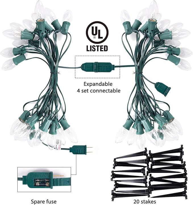 Brightown 4 Pack C9 Christmas Pathway Lights Outdoor - Total 102.8 FT Walkway Lights with 80 Clear Bulbs, Connectable Christmas Stake Lights, Outdoor Christmas Decoration for Lawn Holiday, Warm White
