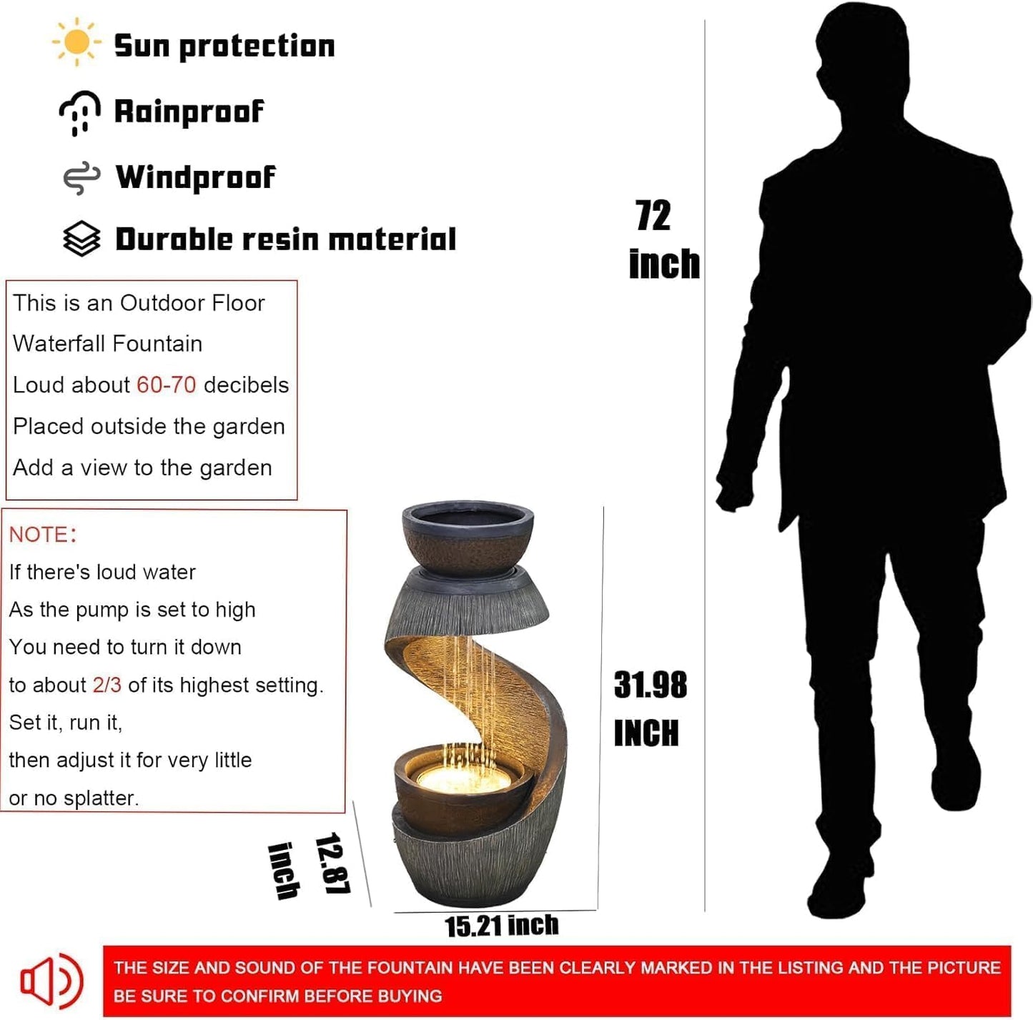 31.9" S-Shaped Water Outdoor Fountain–Modern Cascading Waterfall Feature with LED Lights & Planter Bowl, Garden Fountains Outdoor for Patio, Balcony, Yard or Home Decor, Resin Waterfall