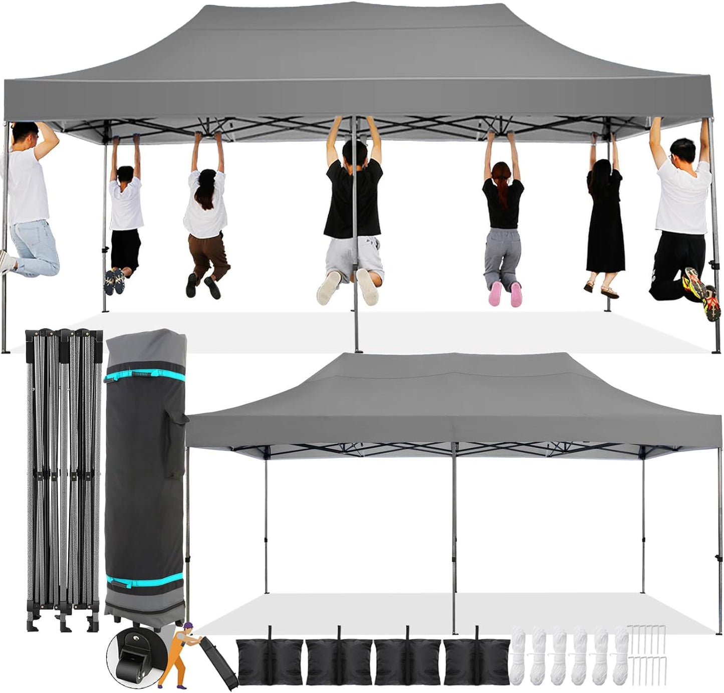 COBIZI 10x20 Pop Up Canopy Without Sidewall,Heavy Duty Canopy UPF 50+ All Season Wind Waterproof Commercial Outdoor Wedding Party Tents for Parties Gazebo with Roller Bag(10 x 20 ft Gray)