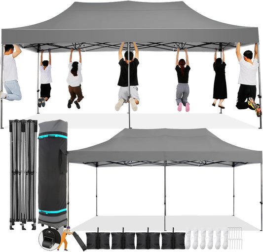 COBIZI 10x20 Pop Up Canopy Without Sidewall,Heavy Duty Canopy UPF 50+ All Season Wind Waterproof Commercial Outdoor Wedding Party Tents for Parties Gazebo with Roller Bag(10 x 20 ft Gray)