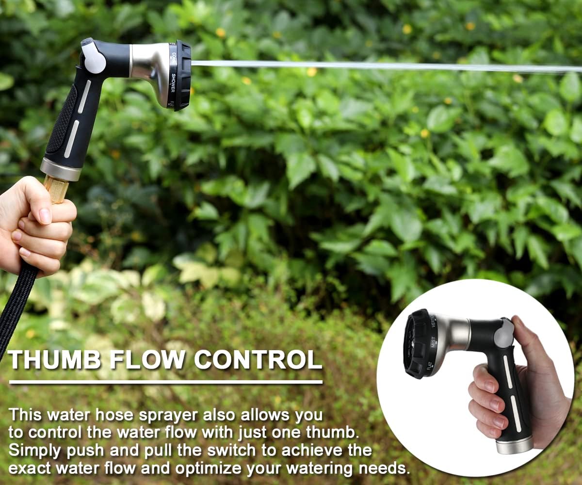 ESOW Garden Hose Nozzle 100% Heavy Duty Metal, Water Hose Sprayer with 8 Watering Patterns, Thumb Control On Off Valve, High Pressure Nozzle Sprayer for Watering Plants, Car and Pet Washing, Black