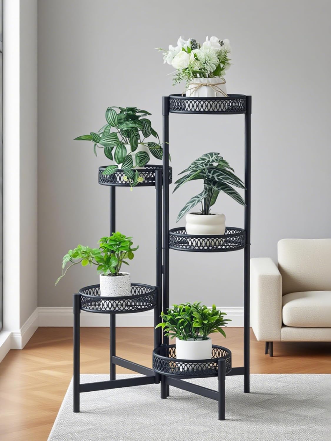 Plant Stand Indoor Outdoor, 5 Tier Corner Metal Flower Display Holder Stand, Folding Tall Plant Rack for Patio Balcony Porch Garden Living Room House, Heavy Duty Wrought Iron Plant Shelf - BlackFlower