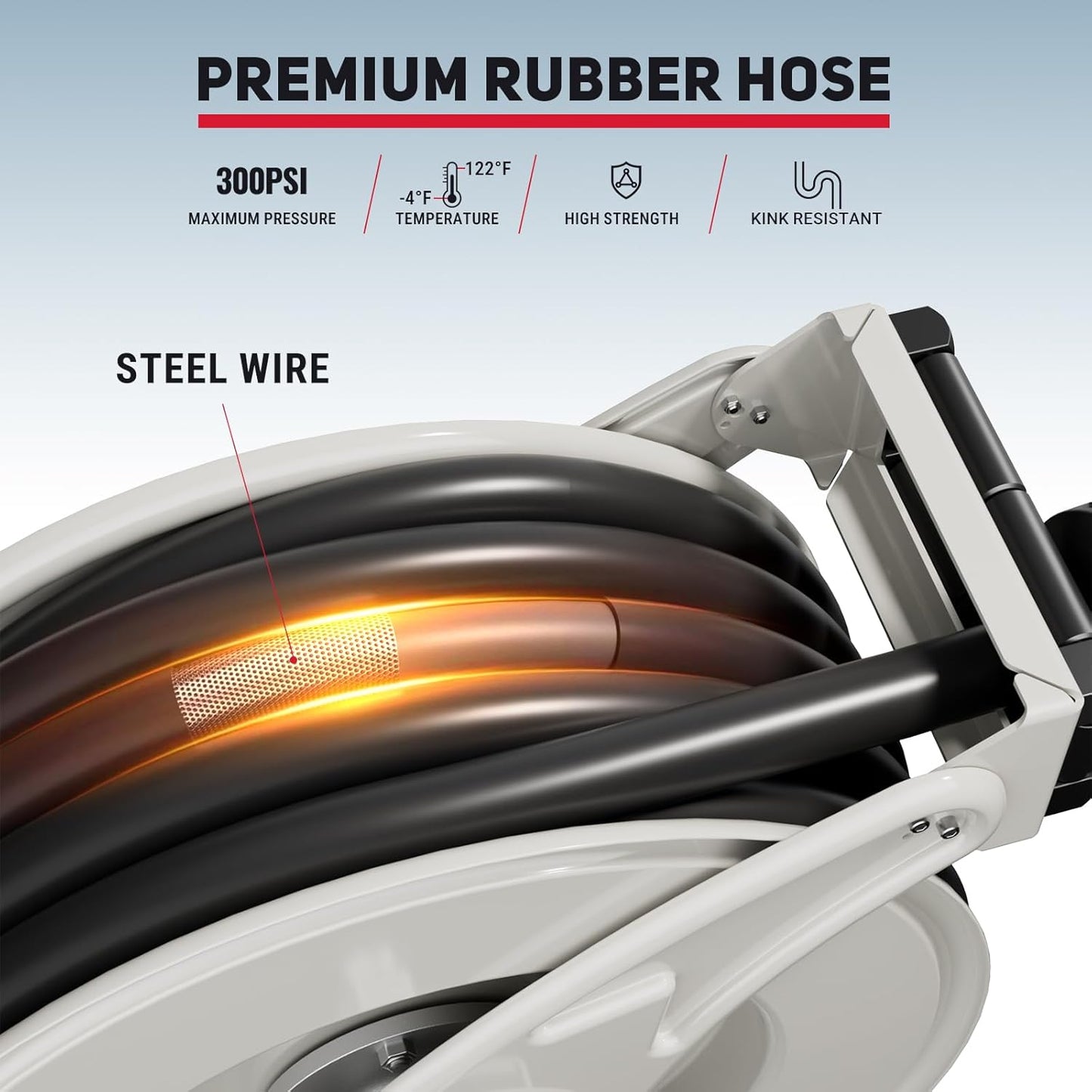 Retractable Fuel Hose Reel, 3/4 in × 66 ft Rubber Hose Heavy Duty Steel Professional Spring Driven Diesel Hose Reel with Fueling Nozzle Max 300PSI Auto Rewind Quick for Ship Vehicle Tank Truck