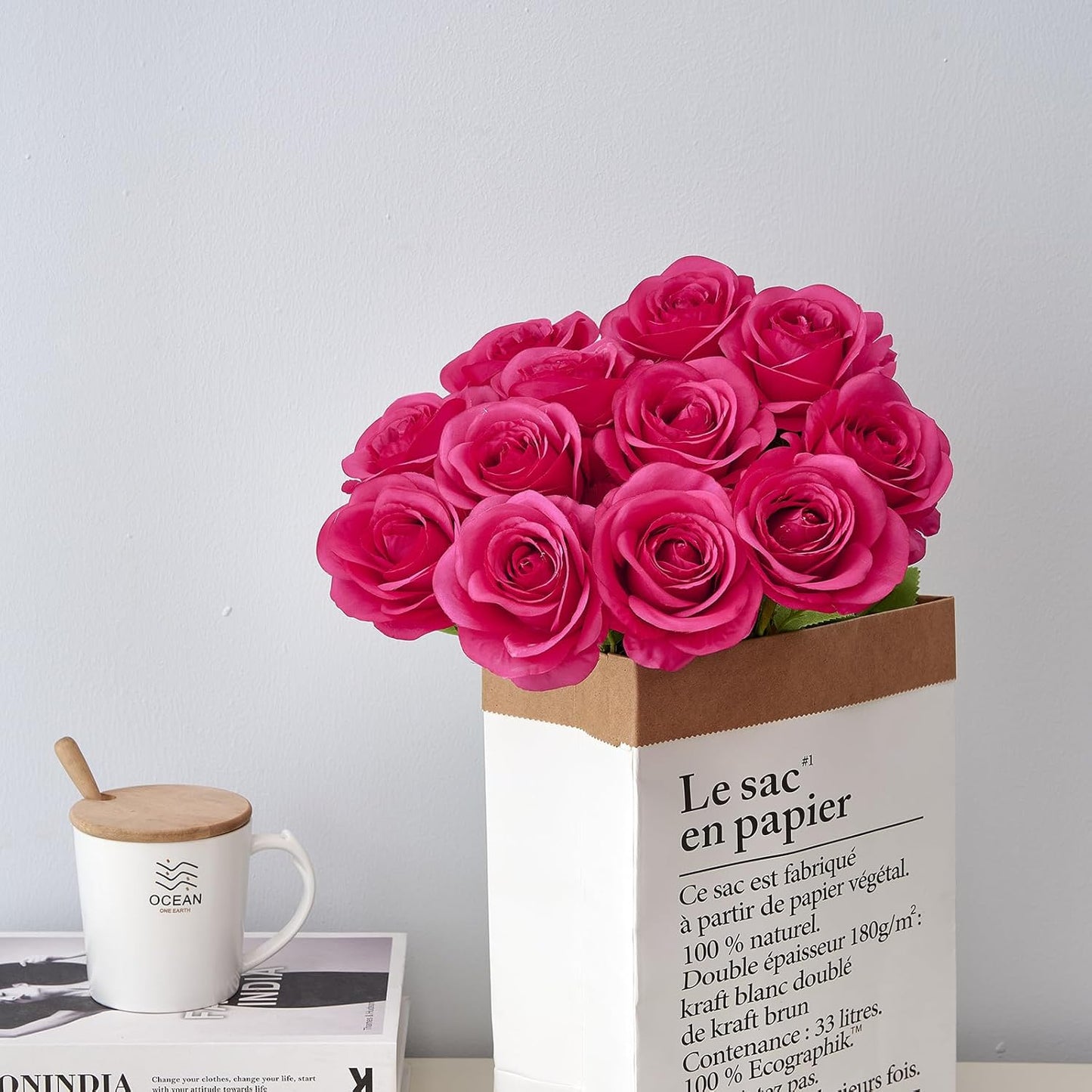 12PC Hot Pink Roses Artificial Flowers Fake Roses Silk Roses Flowers with Long Stems for Wedding Home Party Centerpieces Decorations