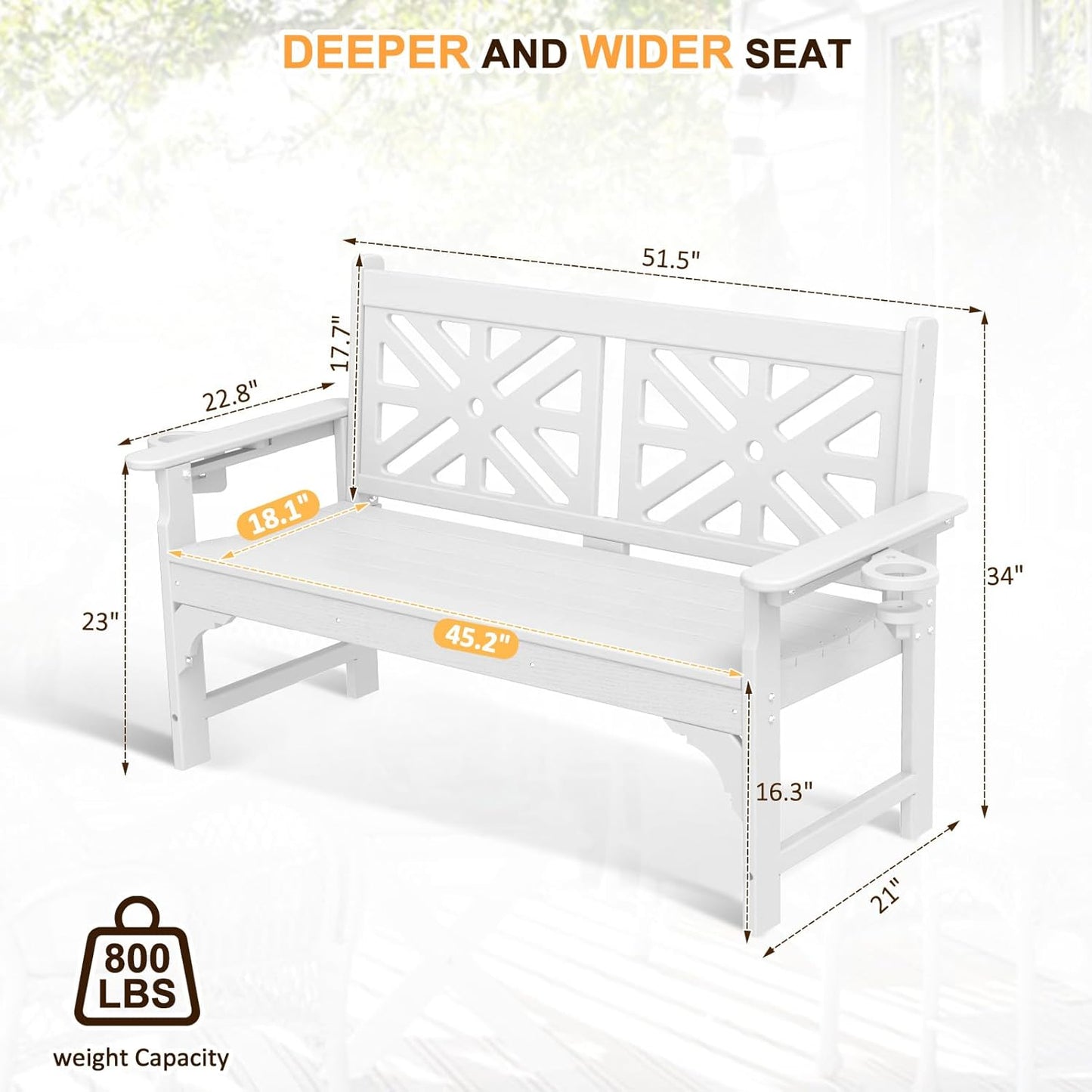 nalone Outdoor Bench with Cup Holders, HDPE All Weather Porch Bench Load up to 800 Lbs, 2-Person Garden Benches Rot-Proof Fade Proof for Patio, Porch, and Park (White)