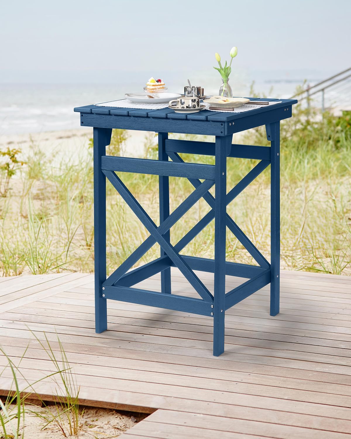 HDPE Outdoor Bar Table, 41" Adirondack Outdoor Bar Height Table, All Weather HDPE High Top Pub Table, Square HDPE Patio Bar Tables for Balcony, Deck, Backyard, Poolside, Navy