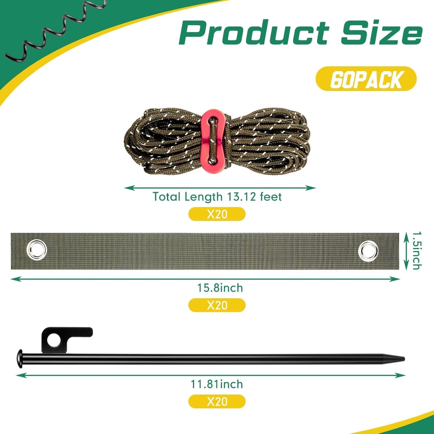 Suzile 60 Pcs Tree Stake Kit, Heavy Duty Tree Staking and Supports for Leaning Trees Include 11. 8'' Steel Stakes 15. 8'' Support Straps 13. 12 ft Ropes for Anchoring Hurricane Protection (Army Green)