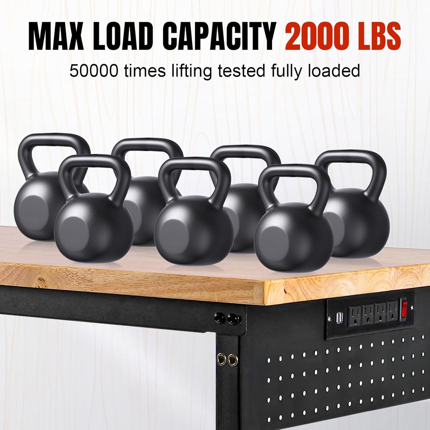 48" L×24”W Adjustable Workbench with Wheels, 28”-40”Height Heavy Duty Table 2000 LBS Load Capacity, Work Bench with Power Outlet & Pegboard, Rubber Wood Work Table for Garage, Office, Workshop