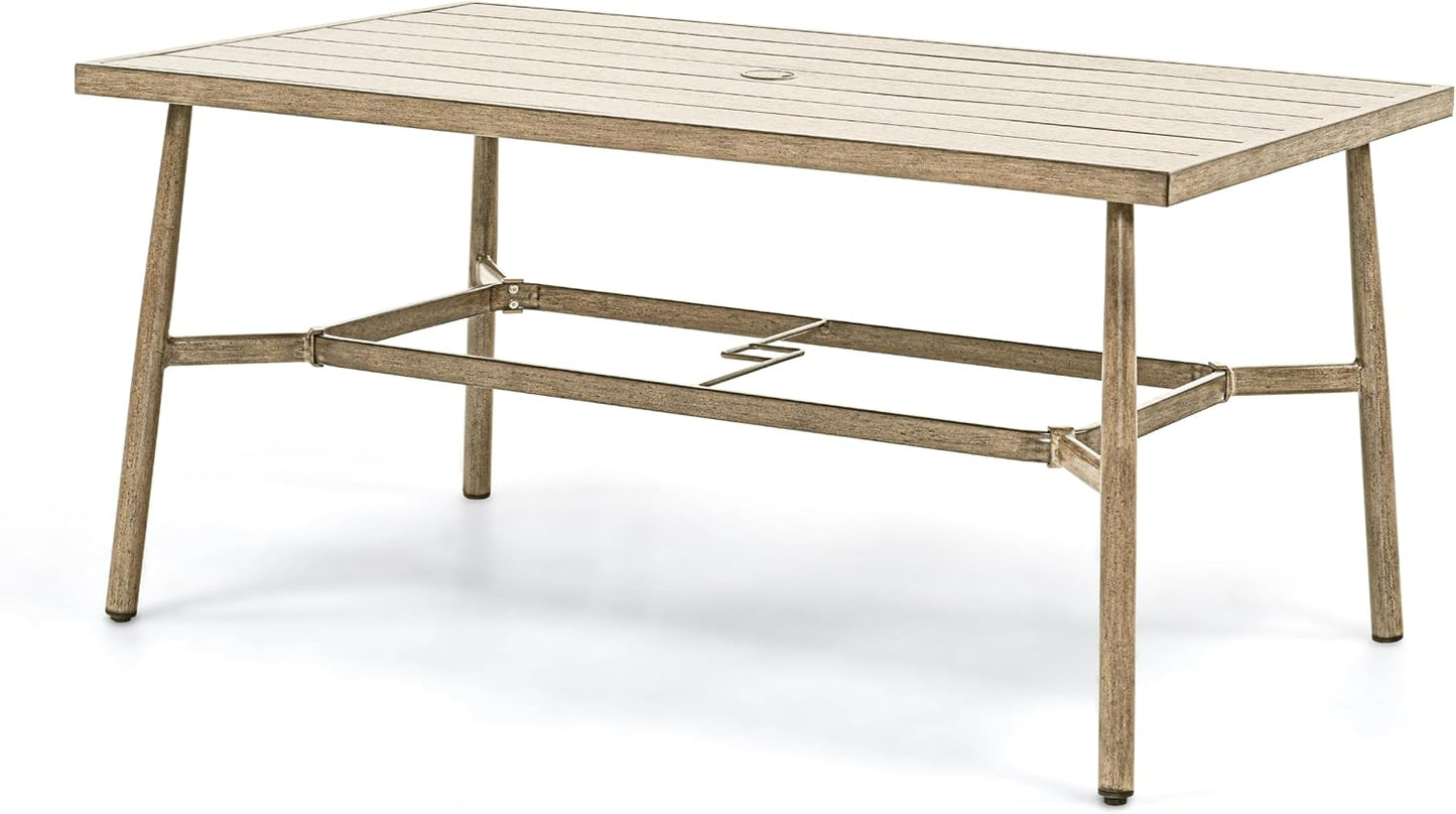 HAPPATIO Patio Table for 6, Large Modern Rectangle Outdoor Dining Table with Umbrella Hole and Adjustable Feet, All Weather Aluminum Patio Table for Garden, Backyard and Poolside, Brown