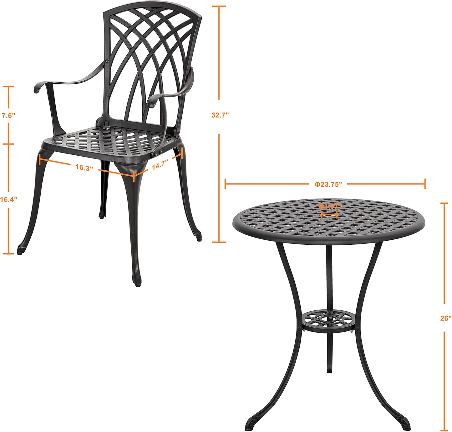 NUU GARDEN Patio Bistro Sets 3 Piece Cast Aluminum Bistro Table and Chairs Set with Umbrella Hole Bistro Set of 2 for Patio Backyard, Black