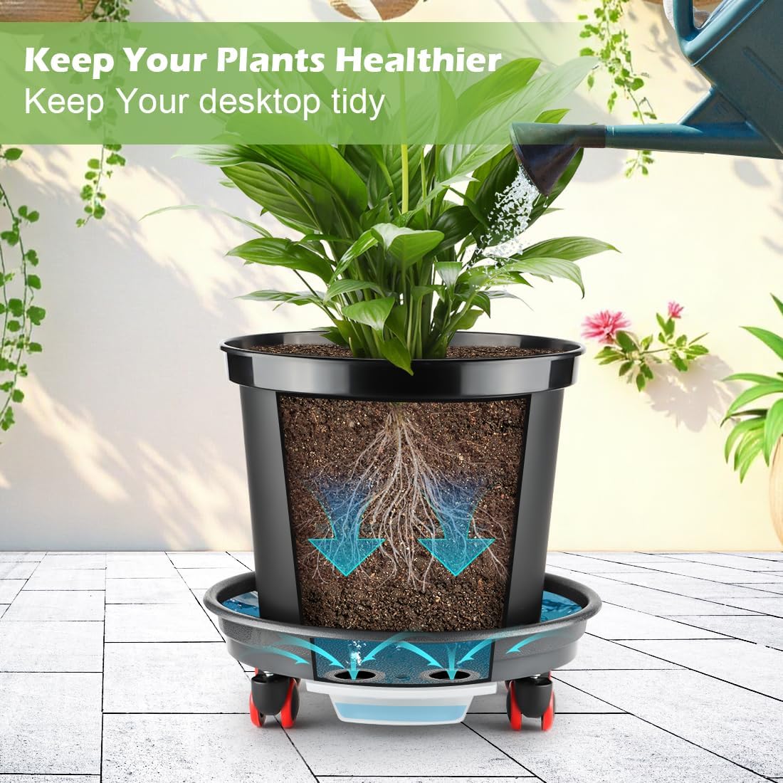 3-Pack Jumbo 15.7 Inch Planters with Rolling Saucers & Drainage – Large Flower Pots for Indoor/Outdoor, Heavy-Duty Moving Trays, Fits Tall Plants (Set of 3, Black)