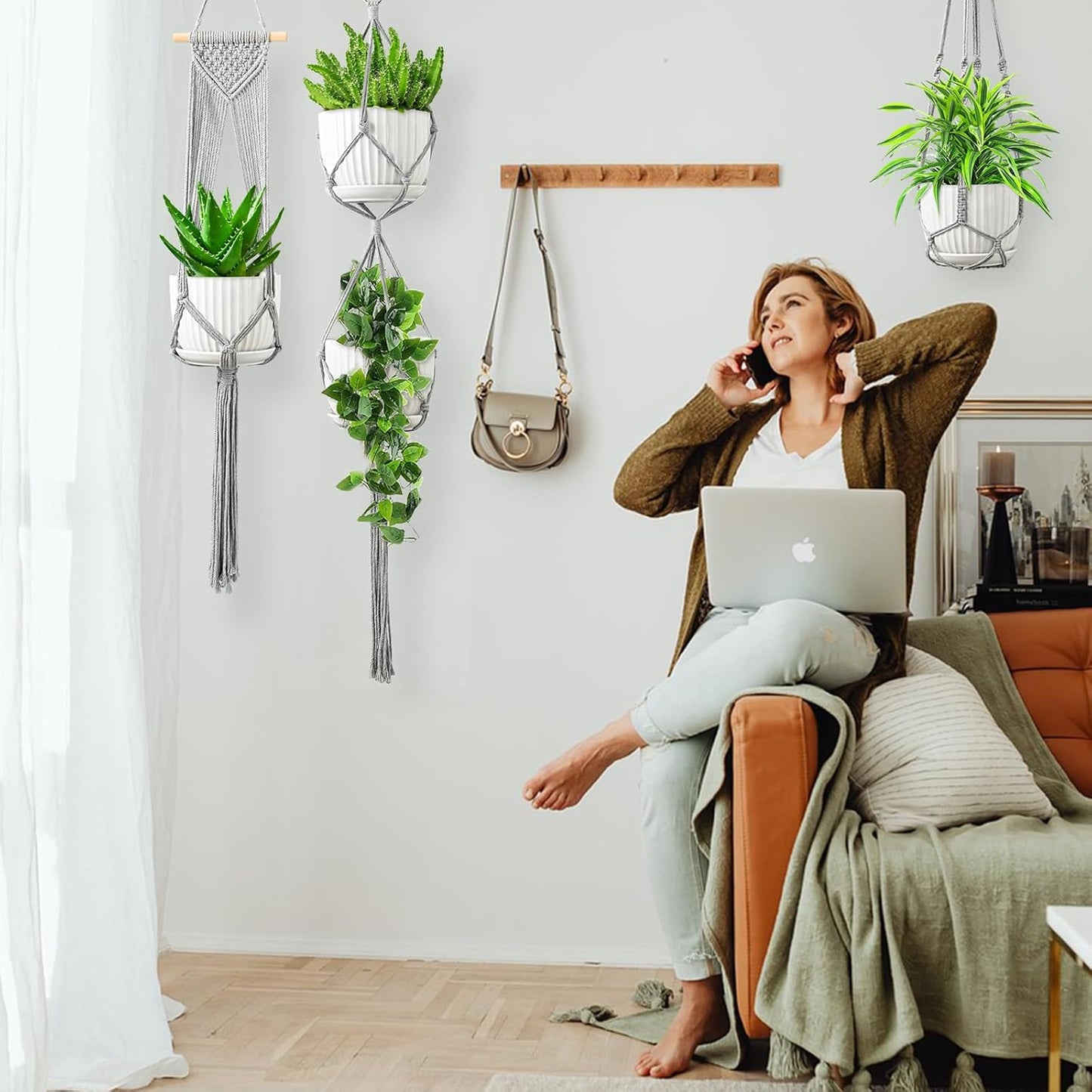 Macrame Plant Hangers, 6Pack Hanging Planters for Indoor Plants w/ 6 Set Hangers Kit Handmade Macromay Plant Hangers Indoor Flower Pots Holder Stand for Boho Home Décor (POTS NOT Included)