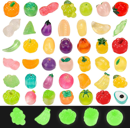 60 pcs Mini Luminous Fruits Vegetables Figurines, Resin Tiny Artificial Fruit Vegetables Glow in The Dark, Fake Miniature Food Decoration for DIY Art Crafts Miniature Landscapes Garden Home