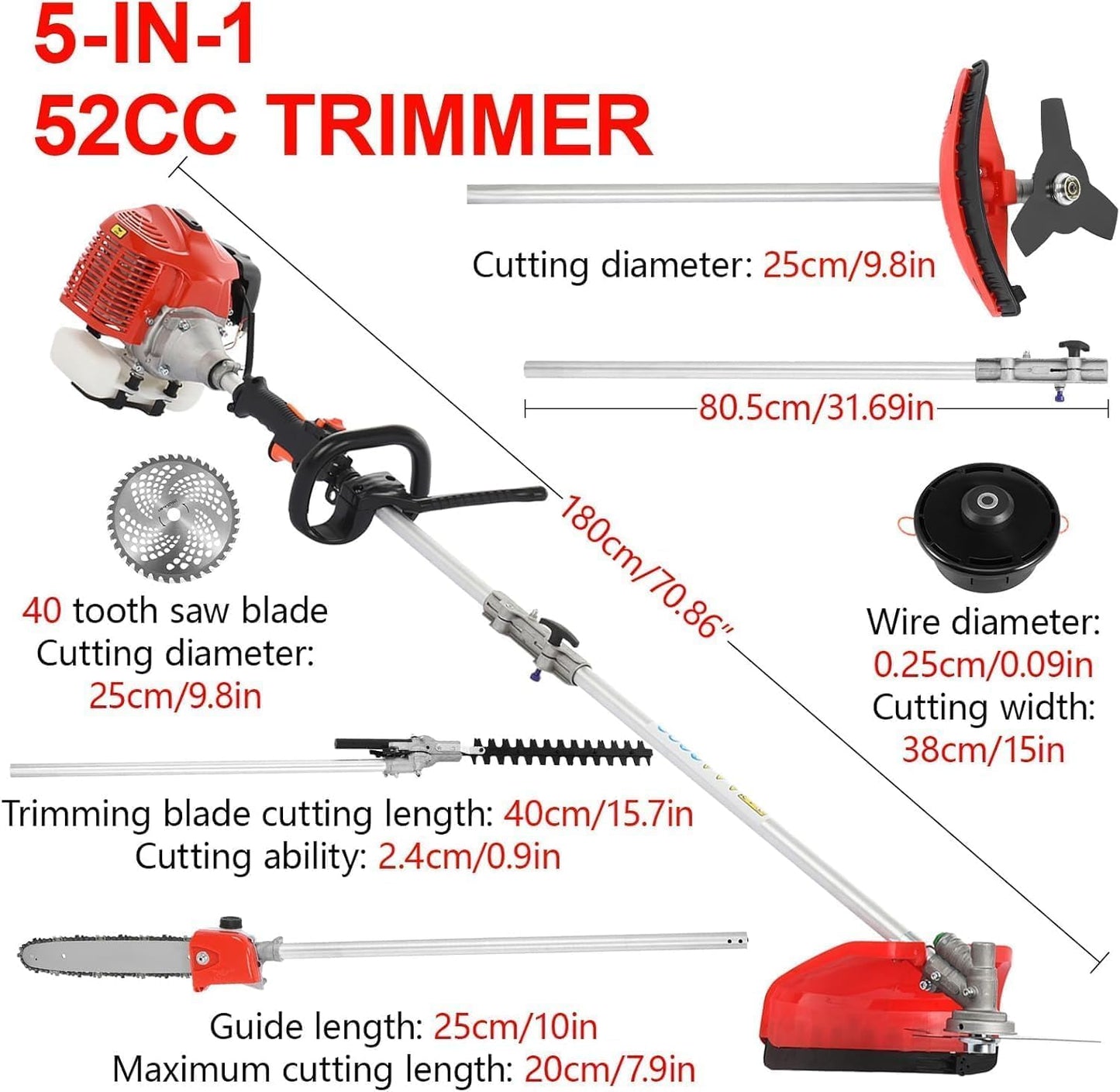 5 in 1 Multifunctional Weed Eater, 52CC 2-Cycle Gas Cordless Hedge Trimmer, 2025 Upgraded Weed Eater Gas Powered, String Trimmer, Handheld Chainsaw Brush Cutter for Yard, Garden