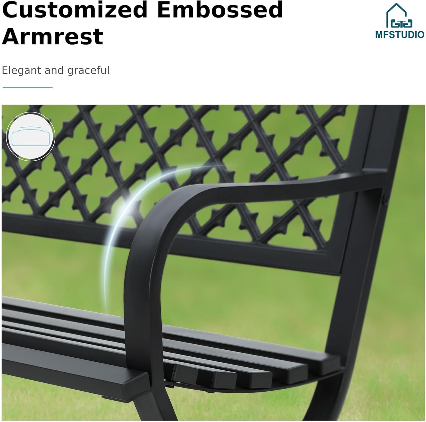 MFSTUDIO 50" Black Outdoor Metal Garden Bench with Arch Legs, Cast Iron Frame Patio Furniture with E-Coating, Perfect for Porch and Yard