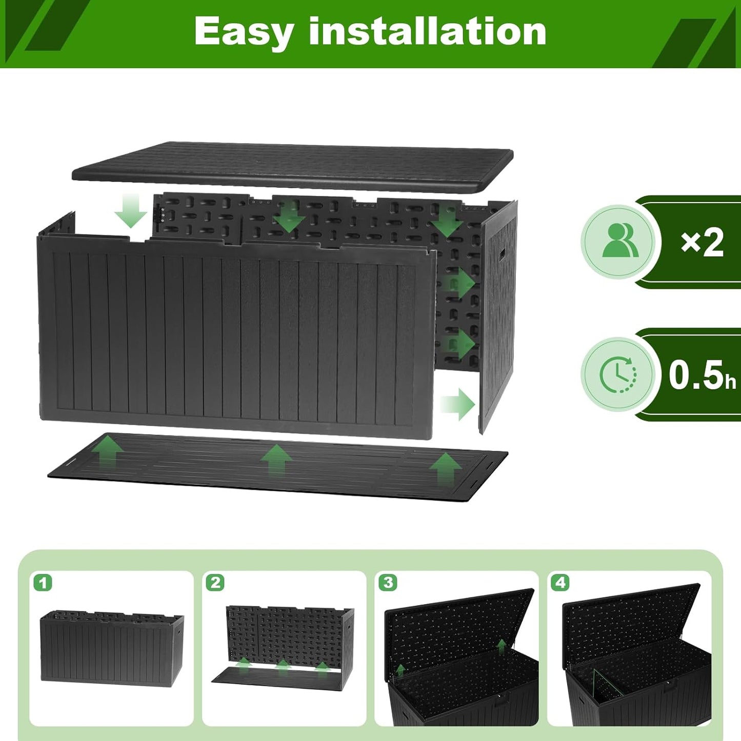270 Gallon Outdoor Storage Box Waterproof, Extra Large Plastic Outside Deck Box Weatherproof, Resin Patio Storage Bin with Lock and Lids for Pool Equipment and Cushion, Black