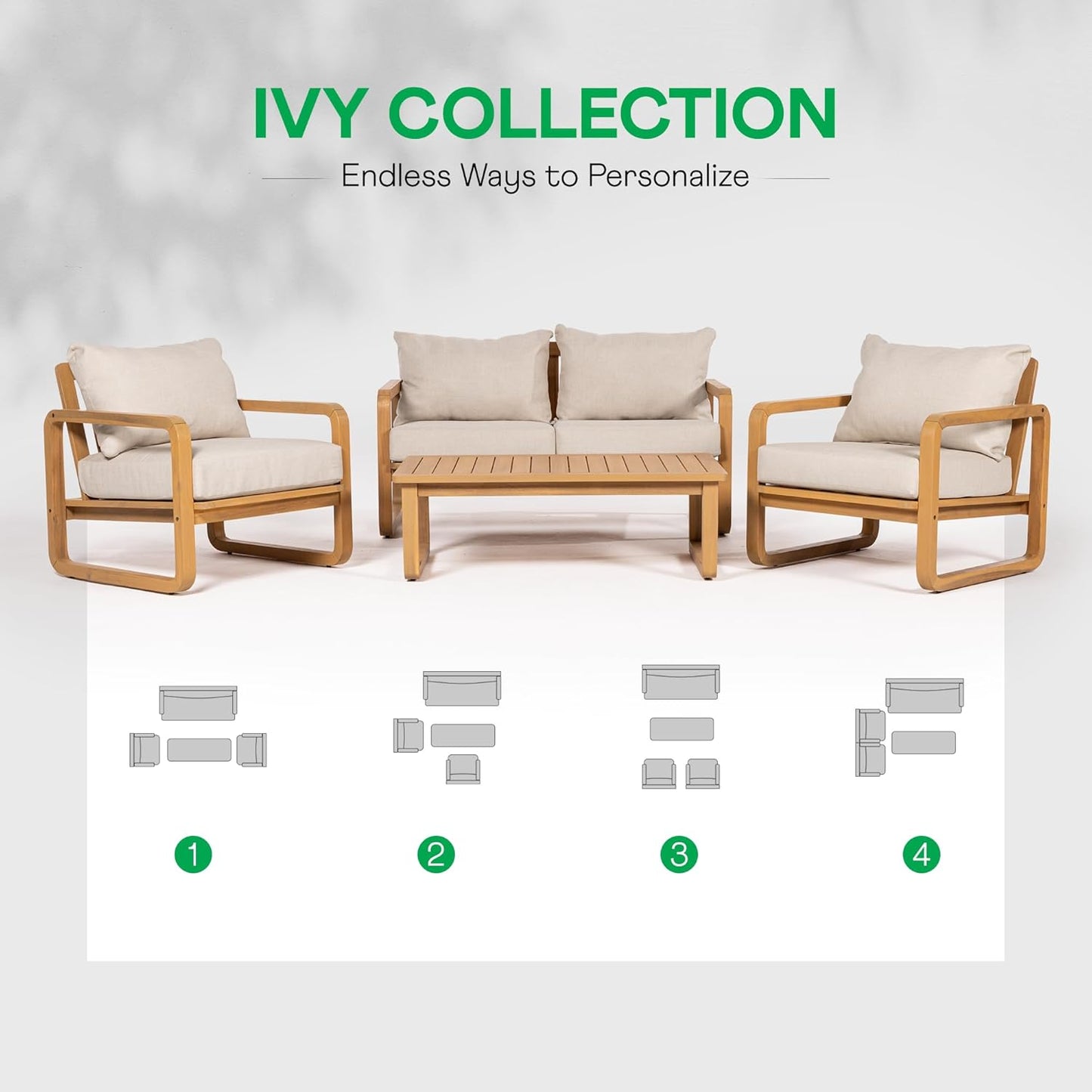 Idzo Ivy Loveseat with Coffee Table – Beige Fabric, 2-Seater Outdoor Sofa Set for Balcony, Patio or Garden – Stylish Love Seat Couches for Small Spaces