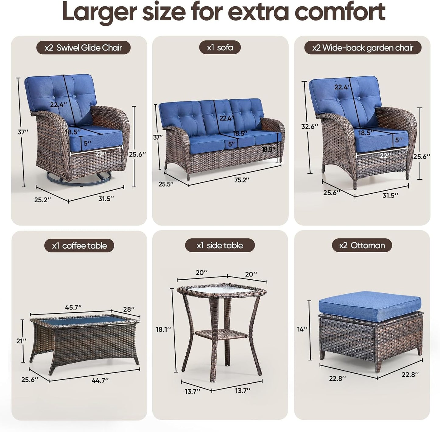 9-Piece Rotating Balcony Chair Set with 31-inch T-Shaped Wide backrest - Rattan Outdoor Rotating Balcony Chairs, Wide backrest Comfortable Outdoor Sliding Chair - Brown | Blue