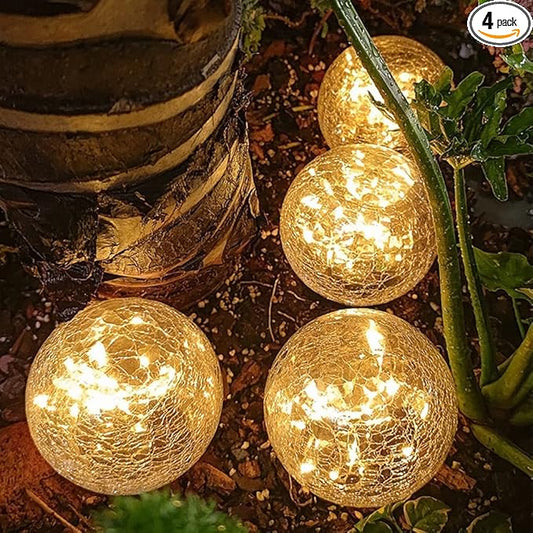 TOMEX 4 Pack Solar Garden Lights, Cracked Glass Ball Waterproof Warm White LED for Outdoor Decor Decorations Pathway Patio Yard Lawn, 4 Pack (3.9")
