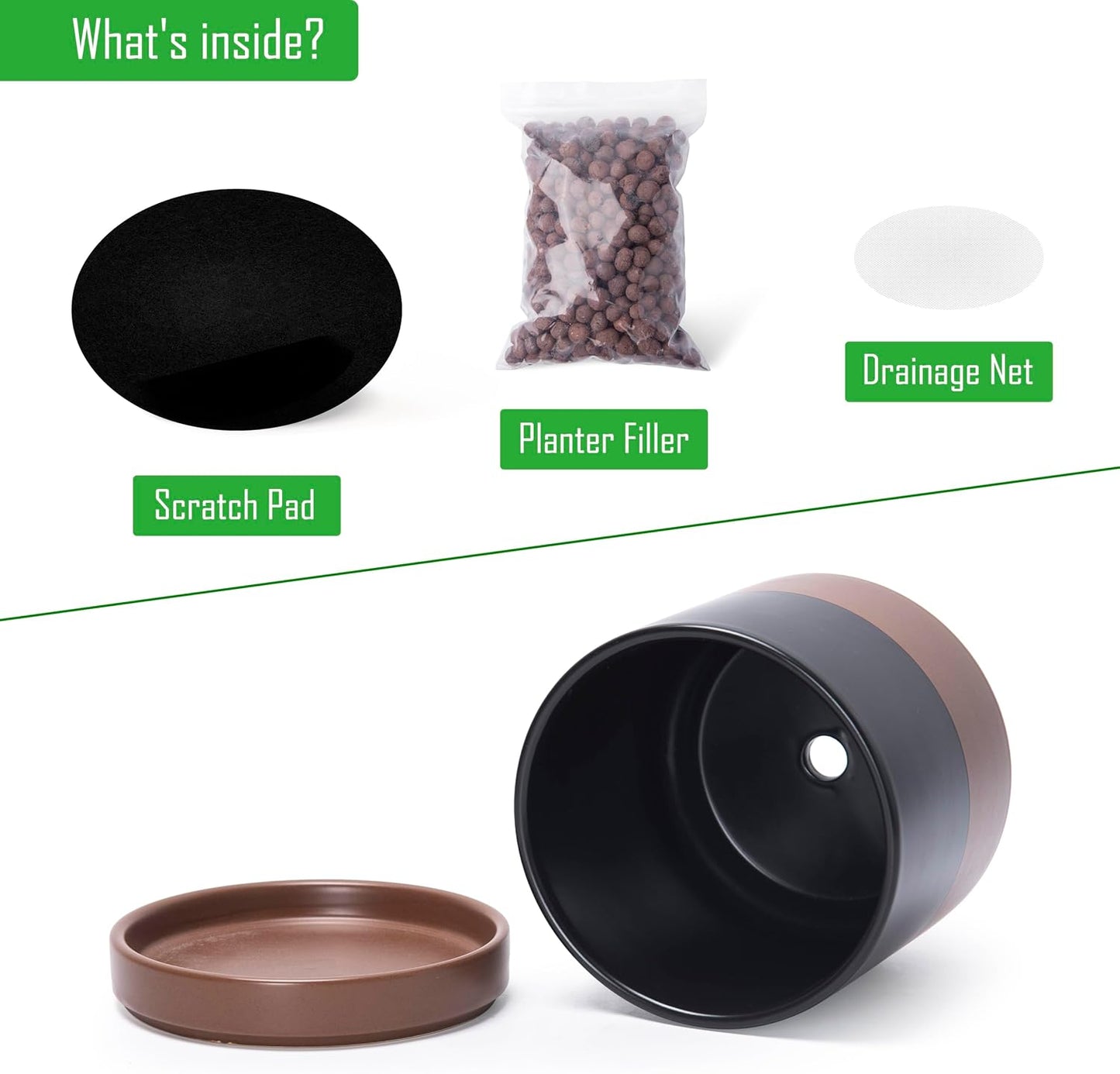 D'vine Dev 3 Inch & 4 Inch & 6 Inch, Set of 3 Round Ceramic Planter Pot with Drainage Hole and Saucer, Black/Speckled Tan, 94-T-S-7