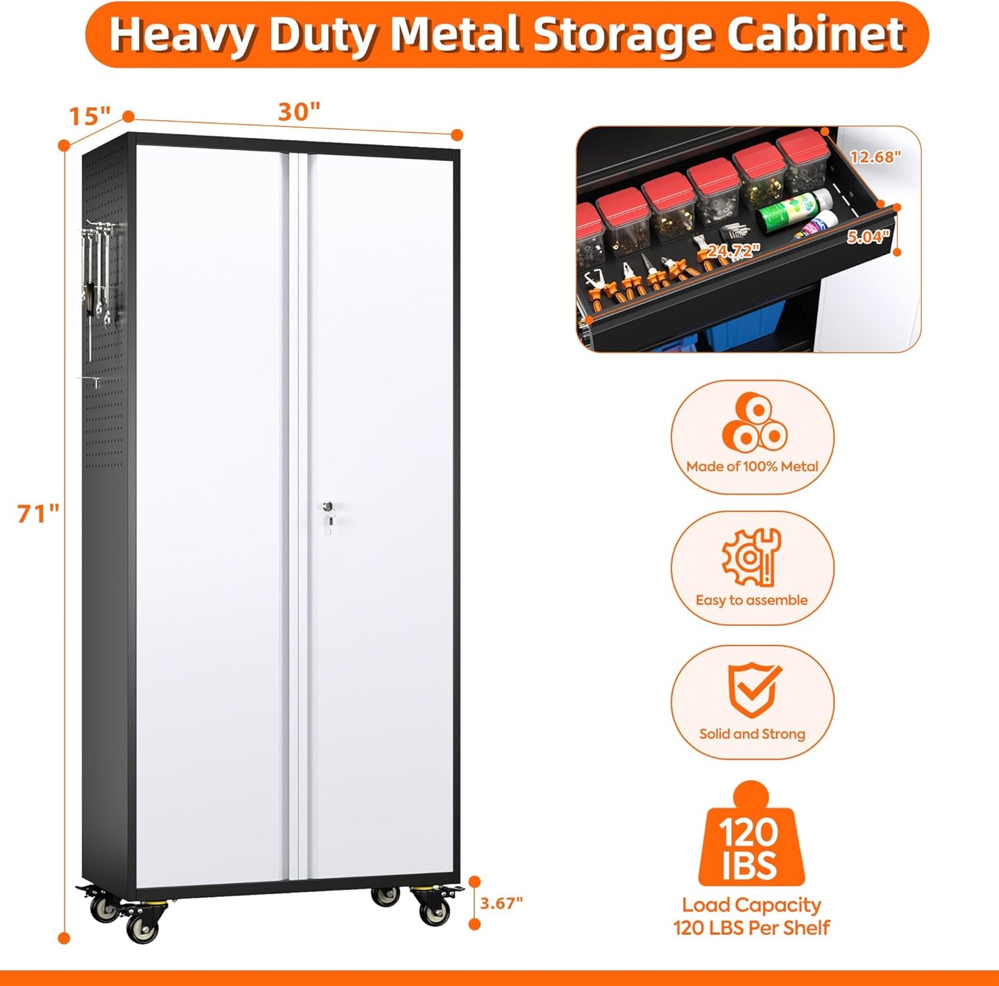 Aobabo Metal Storage Cabinet with Wheels and 1 Interior Drawer, Steel Rolling Tool Cabinet with 16 Hooks and 2 Adjustable Shelves for Garage, Home, Office, Kitchen, Black Gray, Assembly Required