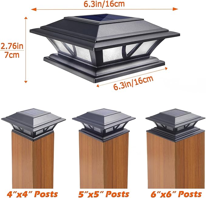 SIEDiNLAR Solar Post Lights Outdoor 2 Modes LED Deck Fence Cap Light for 4x4 5x5 6x6 Posts Patio Garden Decoration Warm White/Cool White Lighting Black (6 Pack)