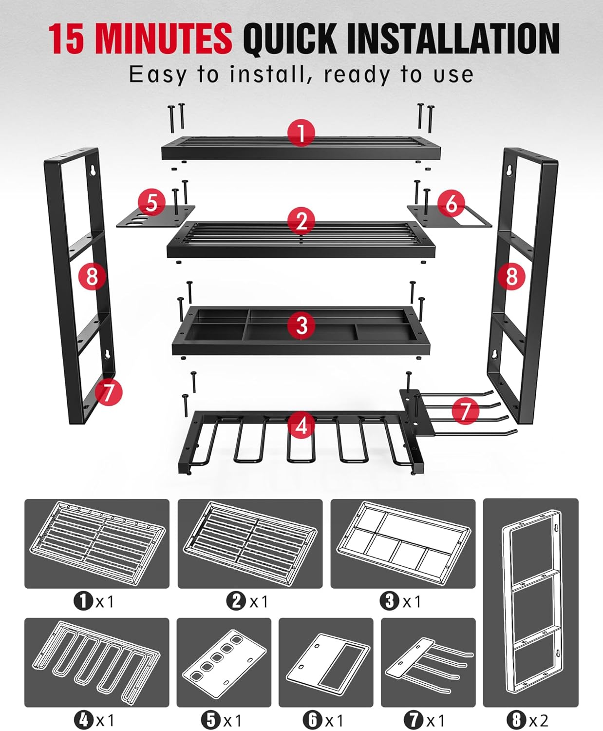 MAXIFFE 4 Layer Power Tool Organizer Wall Mount, Heavy Duty Metal Cordless Tool Organizers and Storage Rack Holder with 6 Drill Holders for Garage Storage Organization, Gifts for Men, Black, 16 inch