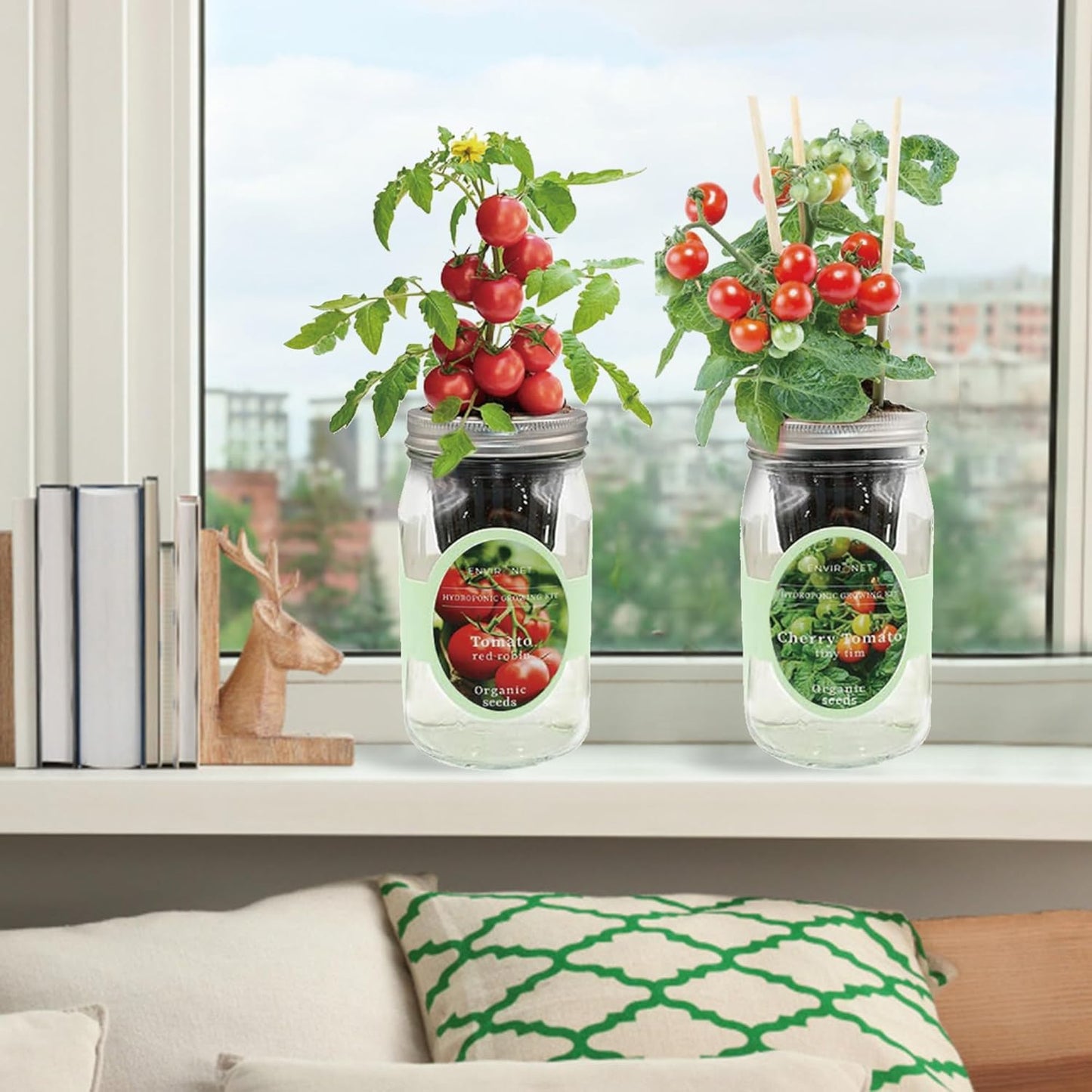 2-Pack Hydroponic Mason Jar Herb Garden Kit, Indoor Herb Garden Self-Watering Starter Kit (Cherry Tomato,Red Robin Tmato)