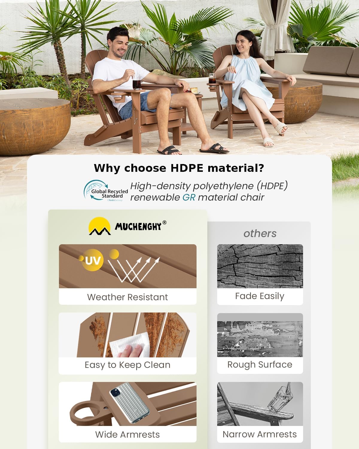 MUCHENGHY Folding Adirondack Chairs 4 Pack, Patio Chairs, Lawn Chairs, Outdoor Chairs, Adirondack Chair Plastic, Fire Pit Chairs, Weather Resistant with Cup Holder for Deck, Backyard, Garden(Teak)