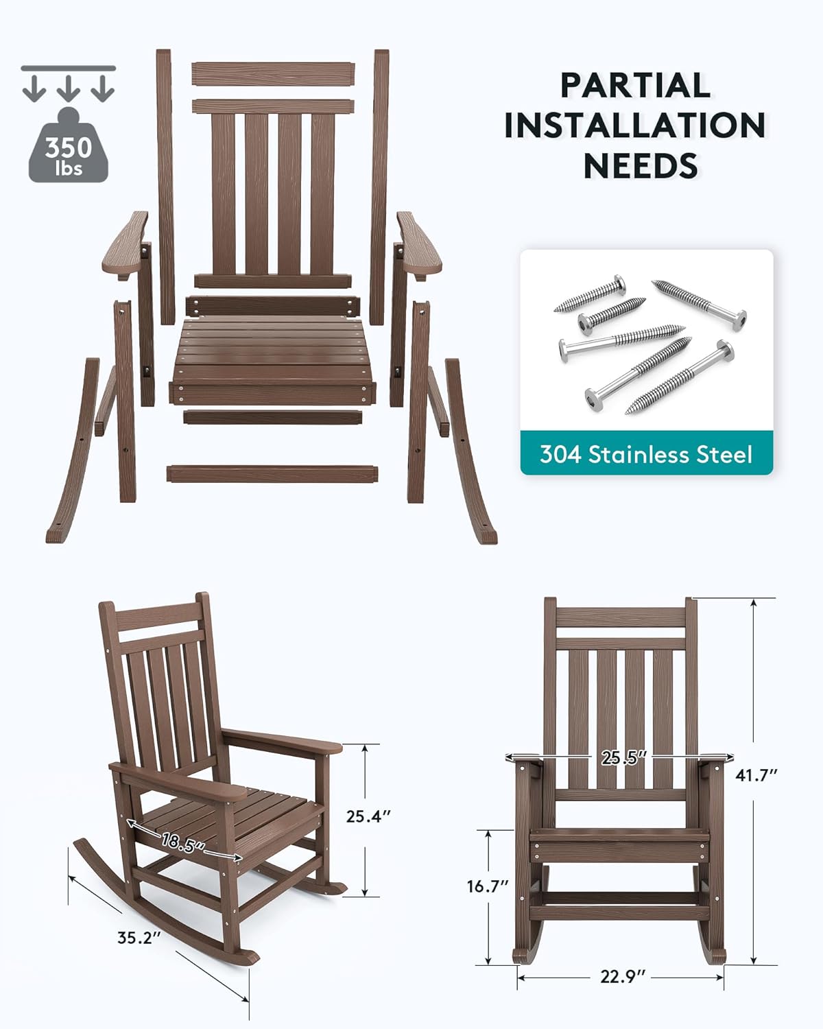 SERWALL Outdoor Rocking Chair Set of 4, HDPE Rocking Chairs for Adult, All Weather Porch Rockers for Lawn Garden, Brown