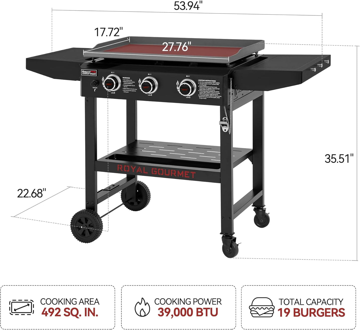 Royal Gourmet GB3000H 3 Burner Propane Gas Griddle with Foldable Side Tables, 28-Inch Flat Top Grill with 492 Sq. In. Cooking Area for Backyard and Tailgating, Black