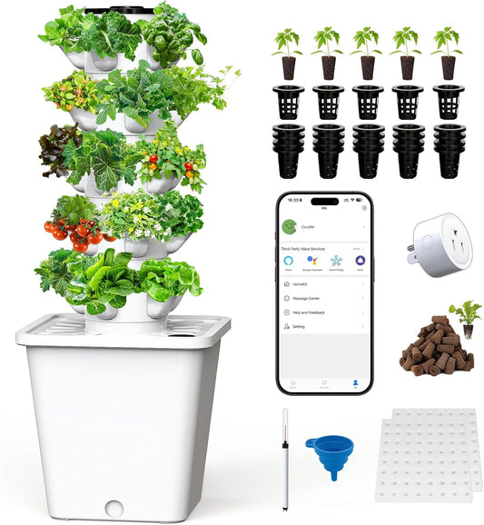 SJZX Hydroponics Growing System Kit, 12L Large Capacity Hydroponic Tower, 5 Tiers Indoor Outdoor Gardening System for Beginner with Water Pump & APP Auto Timer, Vertical Garden Planter Kits (25 Pods)