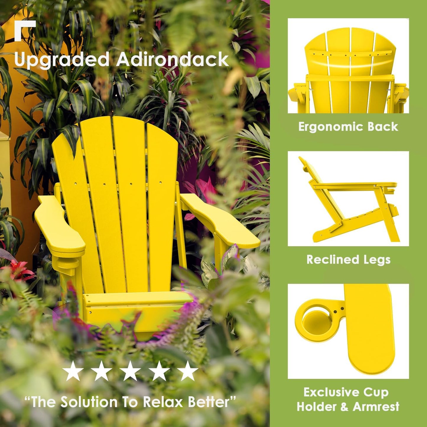 GREENVINES Folding-Adirondack-Chairs-Set-of-4 | HDPE Plastic | Fire Pit Chair | All Weather | Cup Holder | Yellow | for Deck Backyard Patio Outdoor Garden
