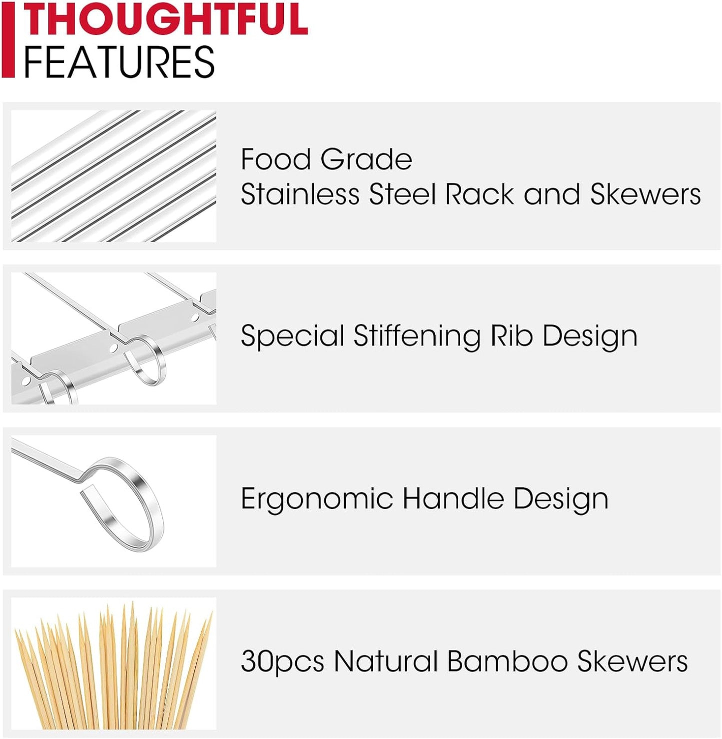 Unicook Stainless Steel BBQ Shish Kabob Set, Foldable Shish Kabob Holder with 6pcs 13"L Skewers, Reusable Grill Rack, Comes with 30pcs 12.5"L Bamboo Skewers for Party and Cookout