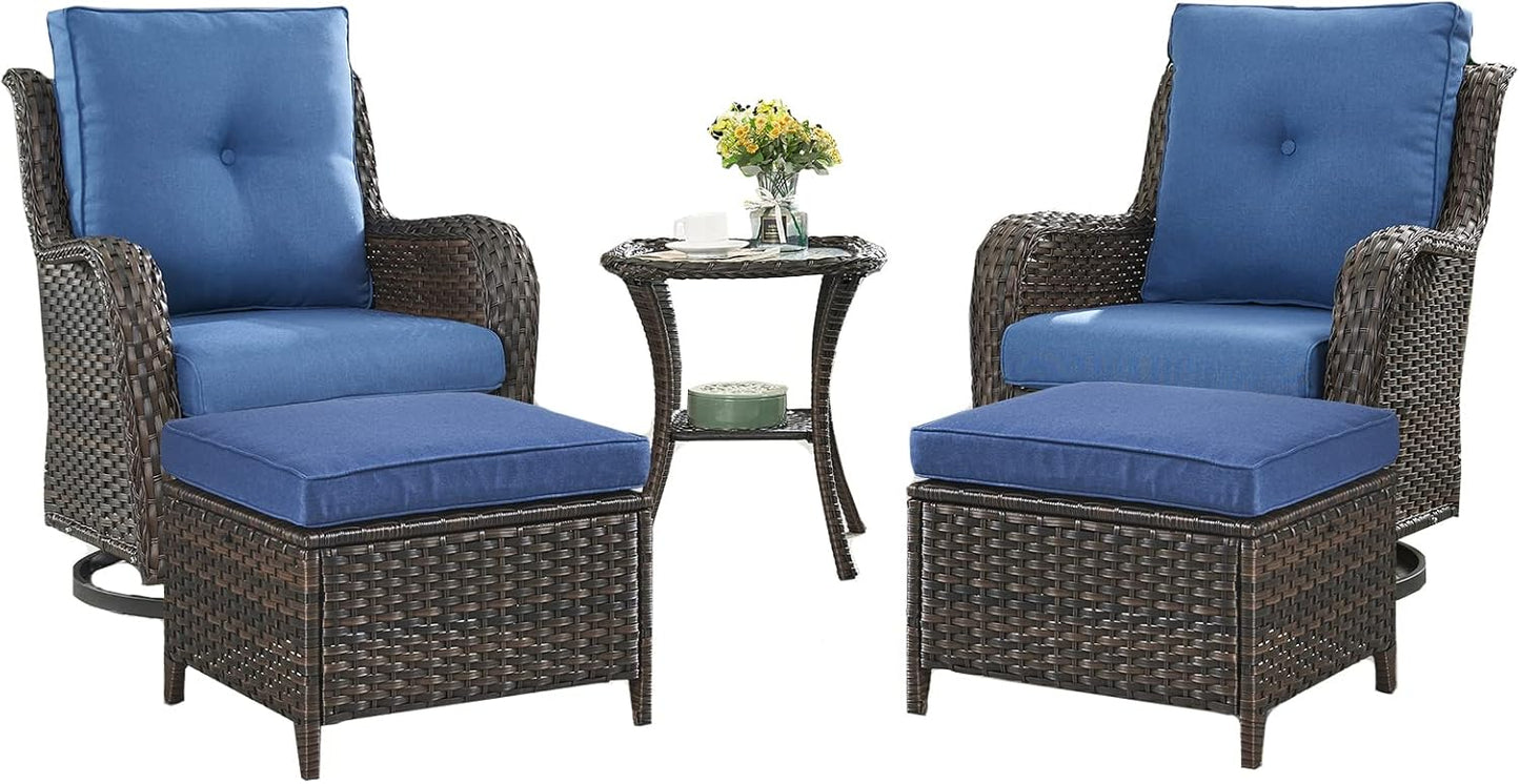 Outdoor Wicker Patio Furniture Set - 5 Pieces Rattan Patio Conversation Set with 2 Rocking Swivel Chairs,2 Ottomans and 1 Side Table for Porch Deck Backyard Garden(Brown/Blue)