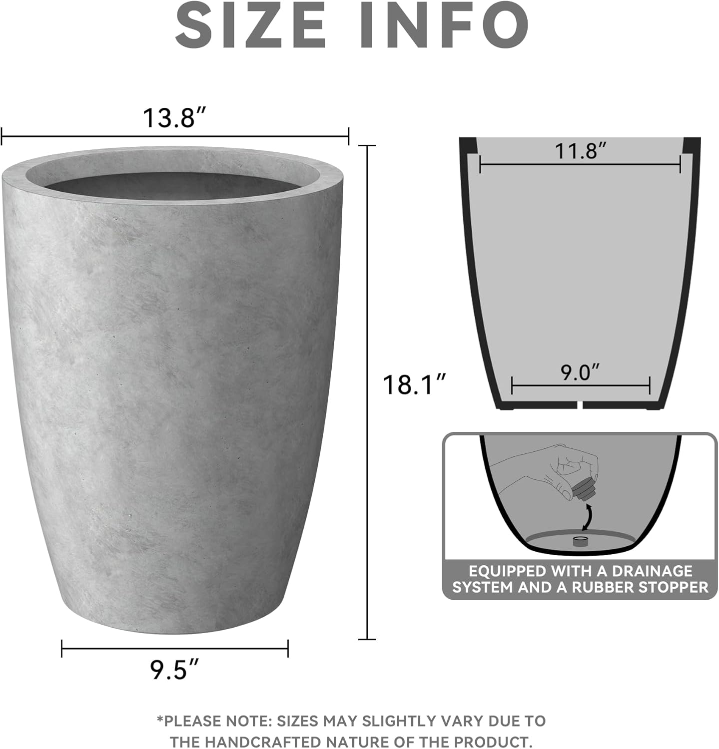 Kante 18.1" H Tall Round Concrete Planter for Outdoor Indoor, Modern Decorative Plant Pots with Drainage Hole & Rubber Plug for Home & Garden Natural Concrete