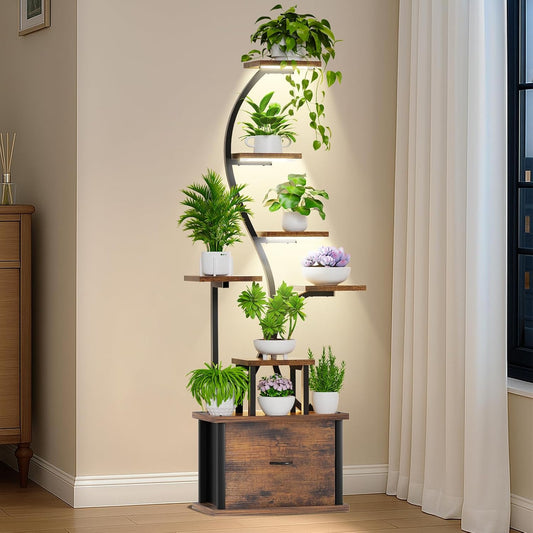 Plant Stand Indoor with Grow Lights - 8 Tiered Lighted Plant Shelf Indoor with Drawer, 65" Large Plant Stand for Indoor Plants Multiple, Metal Tall Plant Flower Holder for Home, Living Room, Patio