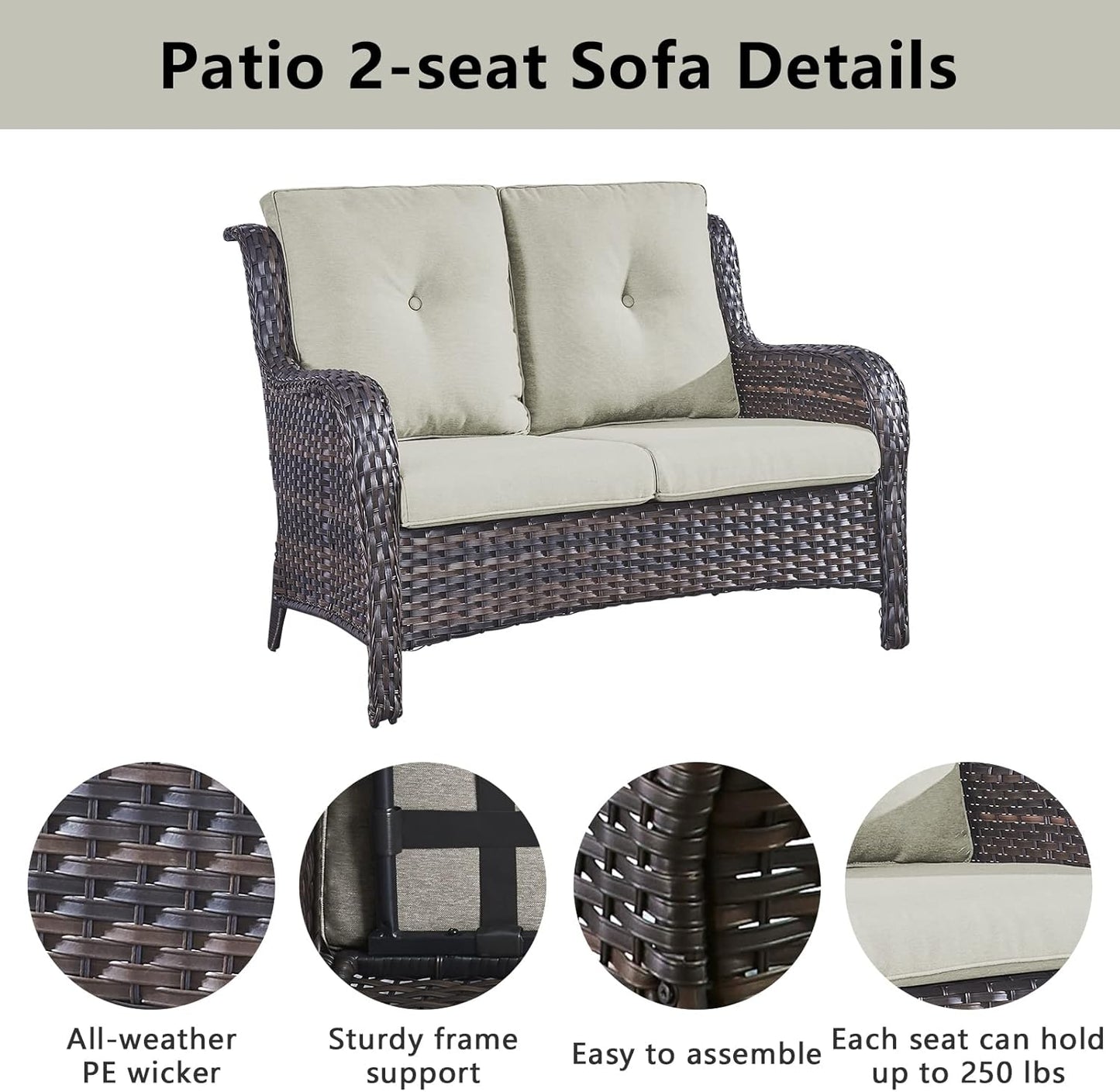 Outdoor Loveseat Small Patio Furniture 2 Seater Sofa Brown Wicker Couch Rattan Settee for Single-Family House