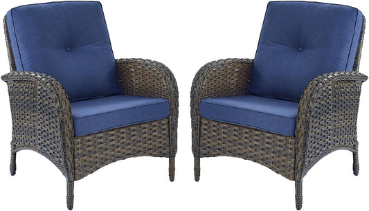 HUMMUH Outdoor Wicker Chairs Patio Dining Chairs Set of 2 with High Back and Deep Seat for Garden,Porch,Backyard,Balcony (Brown/Blue)