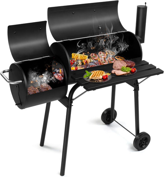 Outvita Outdoor BBQ Charcoal Grill, Portable Camping Grill for 6-10 People with Offset Smoker & Wheels for Patio Backyard Picnic