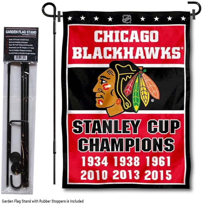 WinCraft Chicago Blackhawks 6 Time Champions Garden Flag and Pole Stand Holder