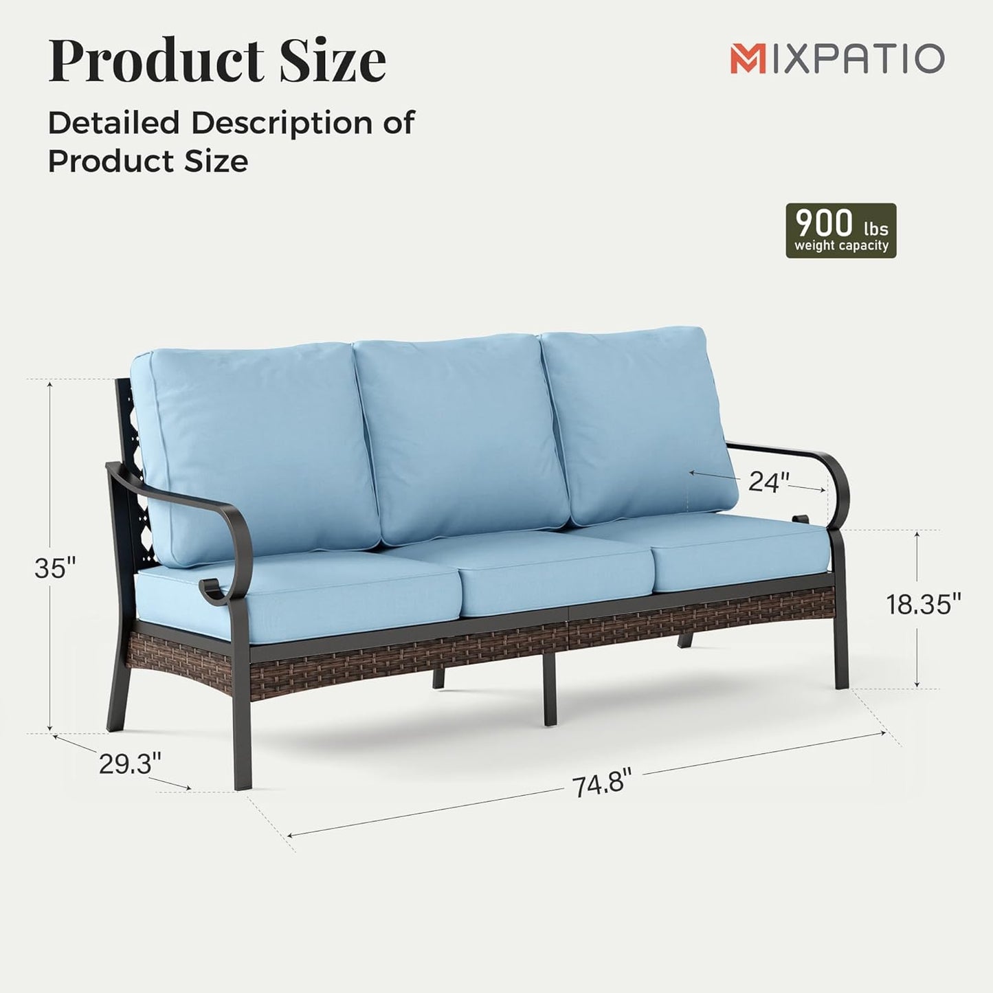 Patio Furniture Sofa, 3-Seat Patio Sofa Steel Frame Outdoor Sectional Couch with Deep Seating and 5.75” Cushions for Lawn Backyard Porch Deck, Blue