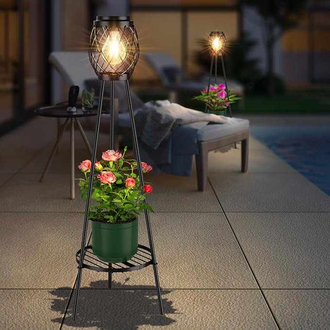 2 Pack Solar Lights Outdoor with LED Edison Bulbs, Vintage Style Solar Floor Lamp with Plant Stands, Weatherproof Garden Lights for Pathway, Patio, Yard, Porch Decor 8-10 Hours Lighting